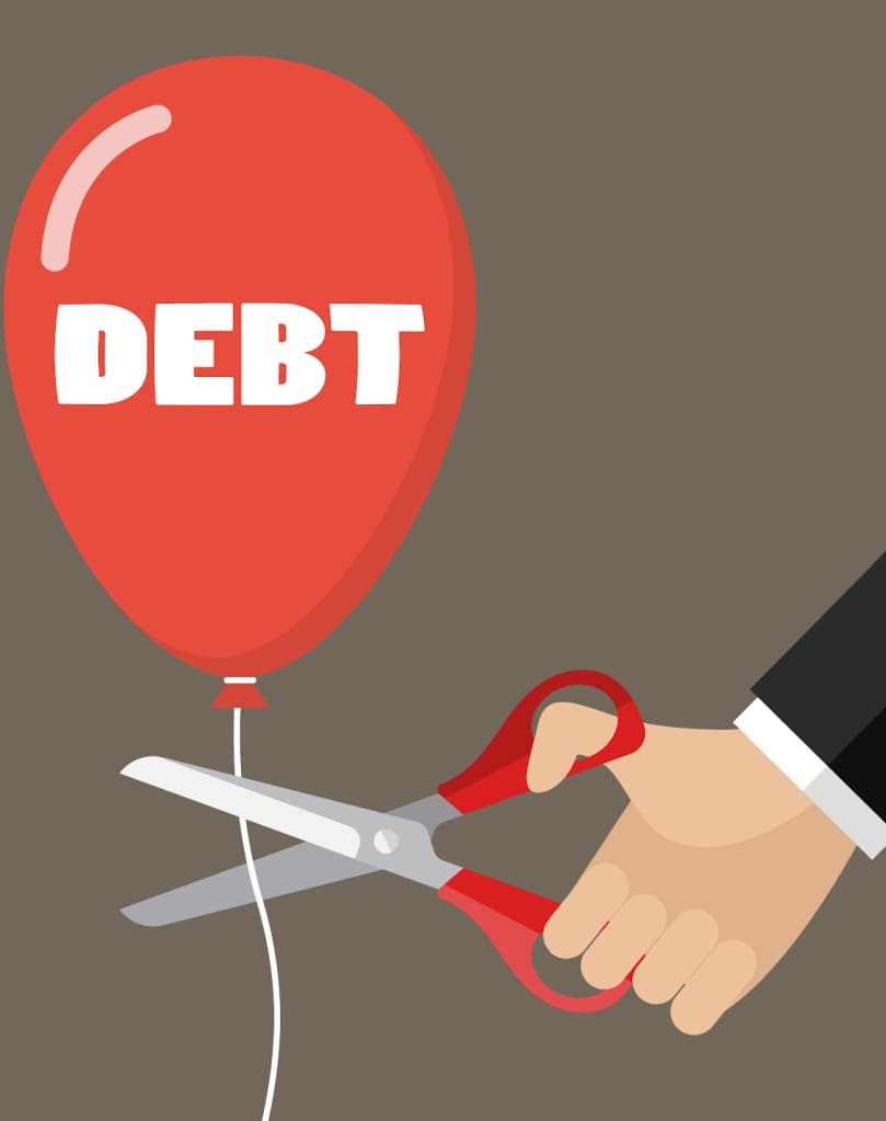 Illustration of licensed insolvency trustee cutting the string on a balloon with the word 'debt' on it, symbolizing an LIT providing personal debt solutions in the form of bankruptcy or consumer proposal