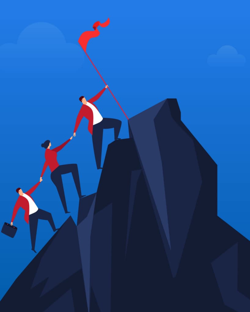 Illustration of people helping each other up a mountain, symboling licensed insolvency trustee LIT Paul Franchi helping individuals and businesses through financial stress in Canada