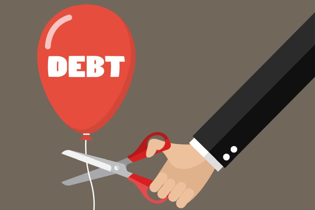 Illustration of licensed insolvency trustee cutting the string on a balloon with the word 'debt' on it, symbolizing an LIT providing personal debt solutions in the form of bankruptcy or consumer proposal