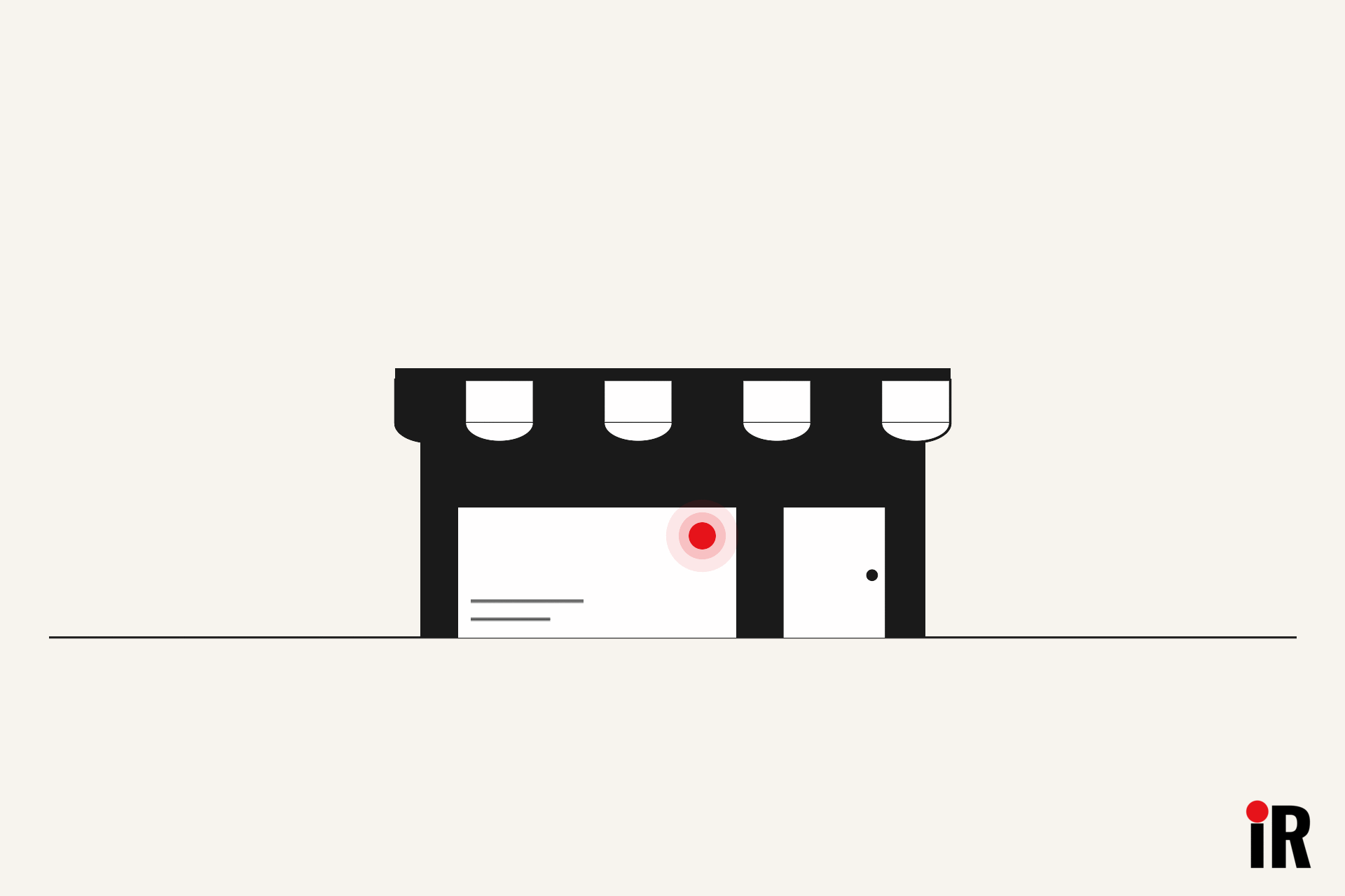 Vector storefront with a striped awning, a display window with a glowing red lamp, and an open door, in black, cream and white. Representing a Canadian business in debt.