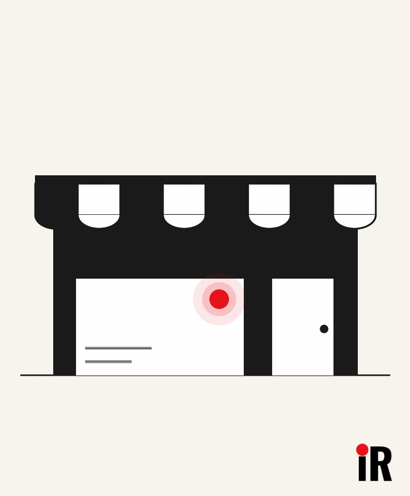 Vector storefront with a striped awning, a display window with a glowing red lamp, and an open door, in black, cream and white. Representing a Canadian business owner in debt