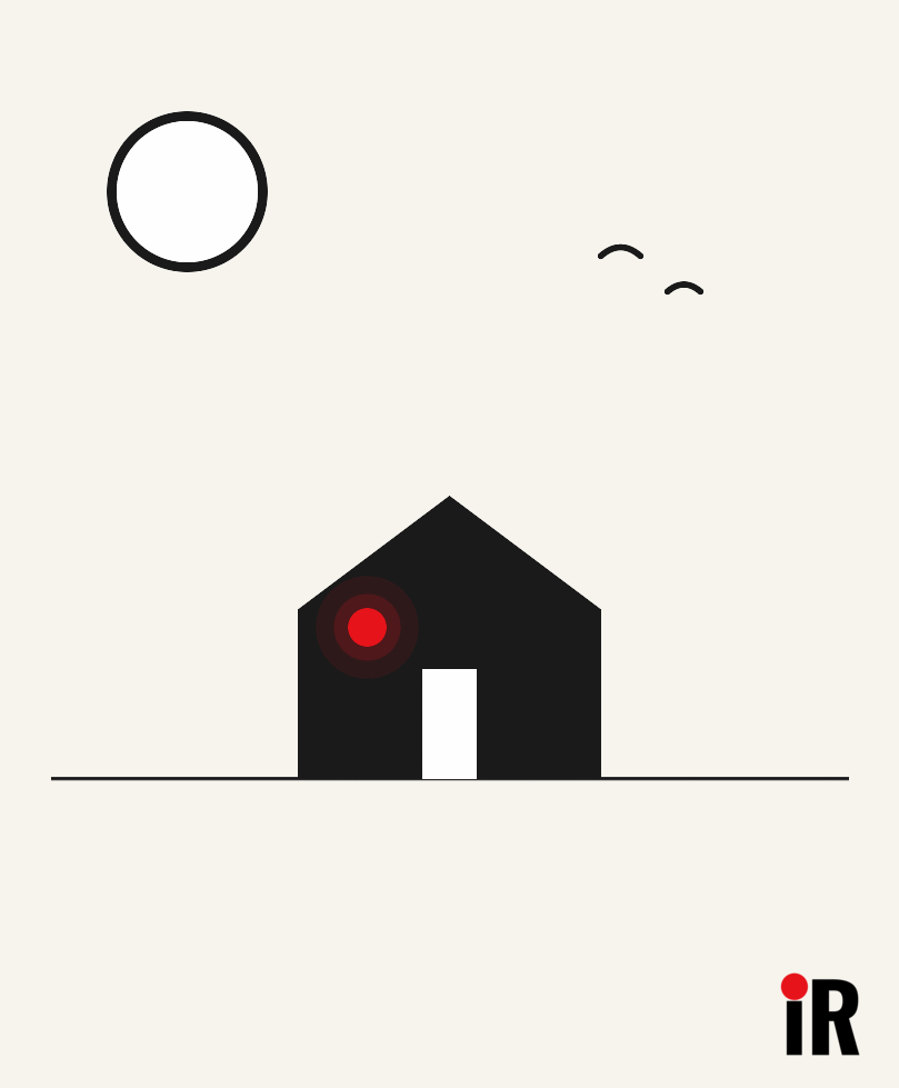 Vector daytime scene of a small house with a red lit window under a wide cream sky with an outlined sun and birds, representing personal debt solutions