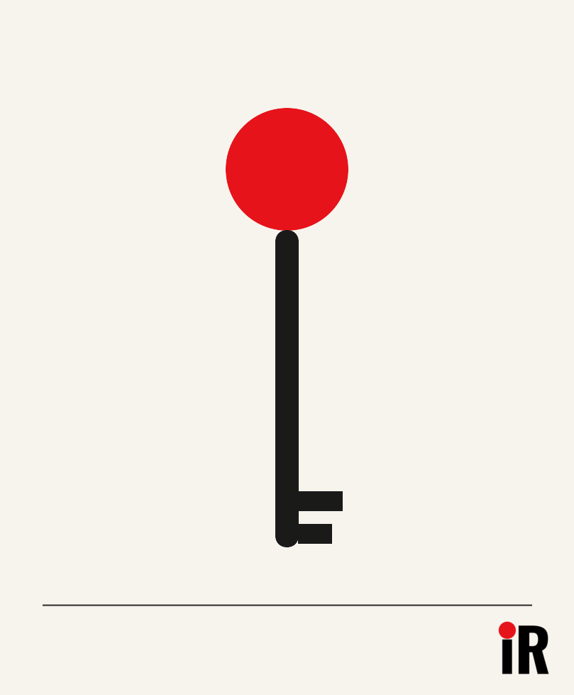 Vector key pointing downward with a bold solid red circular bow, on a cream background, representing debt solutions by a Licensed Insolvency Trustee LIT