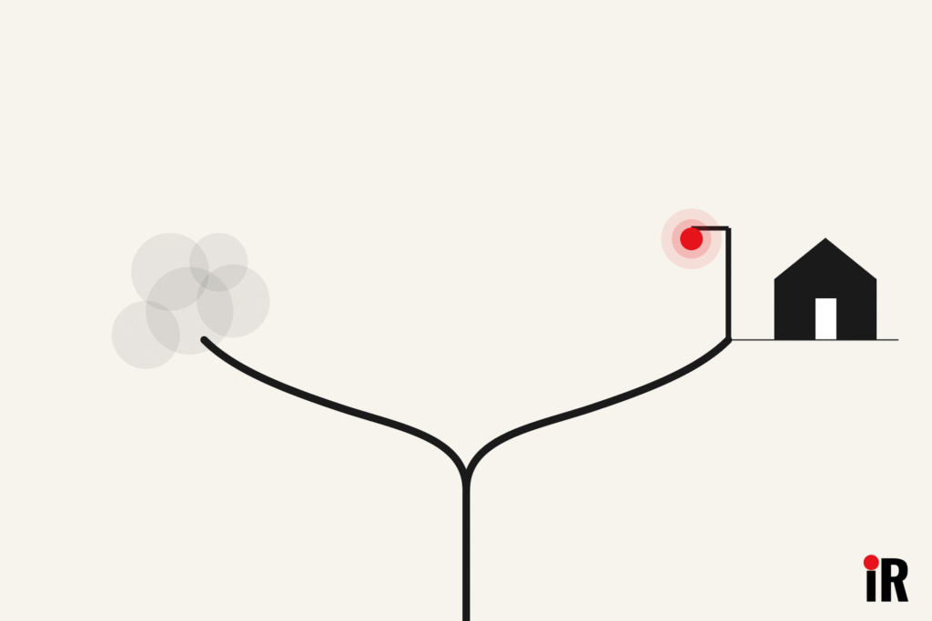 Vector forked road where one branch fades into fog and the other is lit by a lamppost with a red light beside a small house, representing pitfalls of debt consultants and the importance of contacting a licensed insolvency trustee LIT