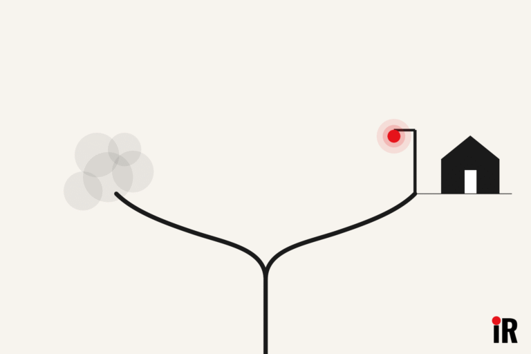 Vector forked road where one branch fades into fog and the other is lit by a lamppost with a red light beside a small house, representing pitfalls of debt consultants and the importance of contacting a licensed insolvency trustee LIT