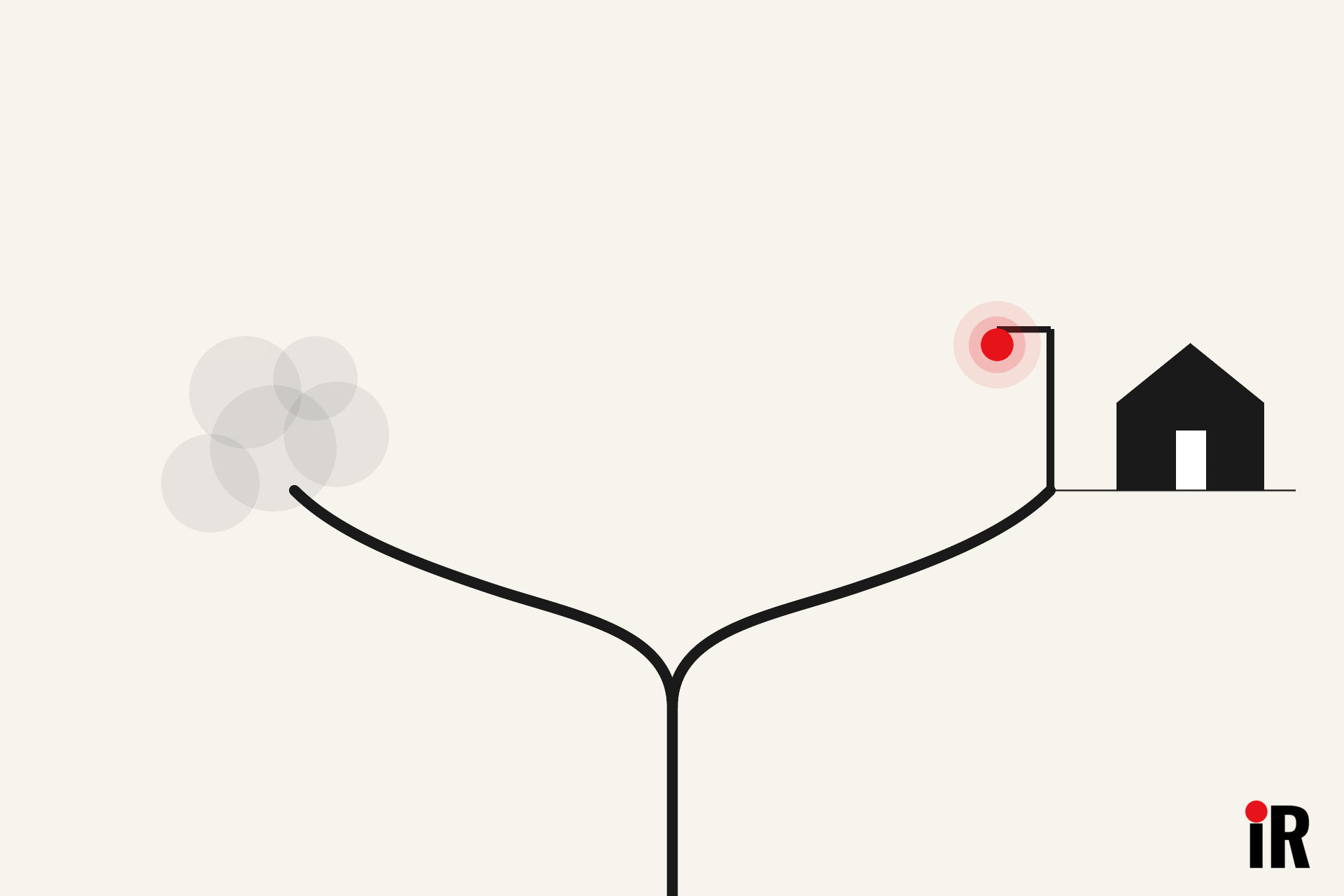 Vector forked road where one branch fades into fog and the other is lit by a lamppost with a red light beside a small house, representing pitfalls of debt consultants and the importance of contacting a licensed insolvency trustee LIT