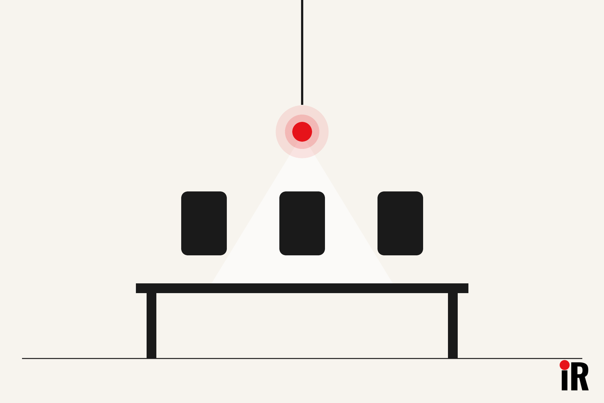 Vector illustration of three chairs at a boardroom table under a single red pendant light, black shapes on a cream background, representing professionals collaborating with a Licensed Insolvency Trustee LIT