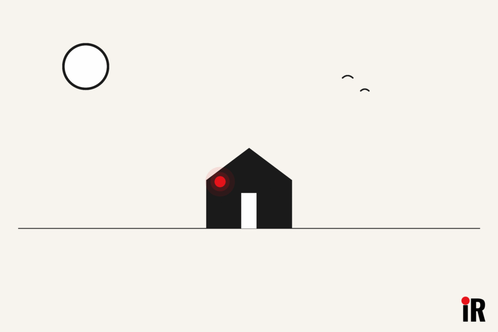 Vector daytime scene of a small house with a red lit window under a wide cream sky with an outlined sun and birds, representing personal debt solutions