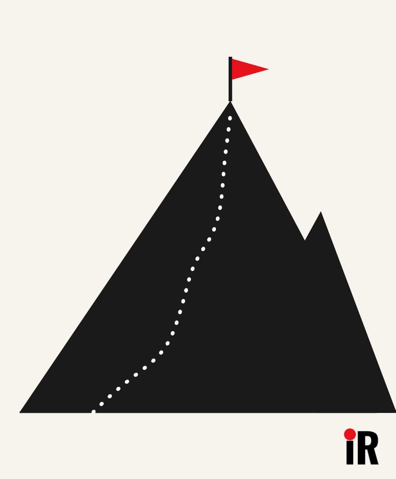 Vector black mountain with a dotted path winding to the peak, marked by a pole with a red flag, representing professionals, individuals, families, and business owners collaborating with a Licensed Insolvency Trustee LIT for debt solutions