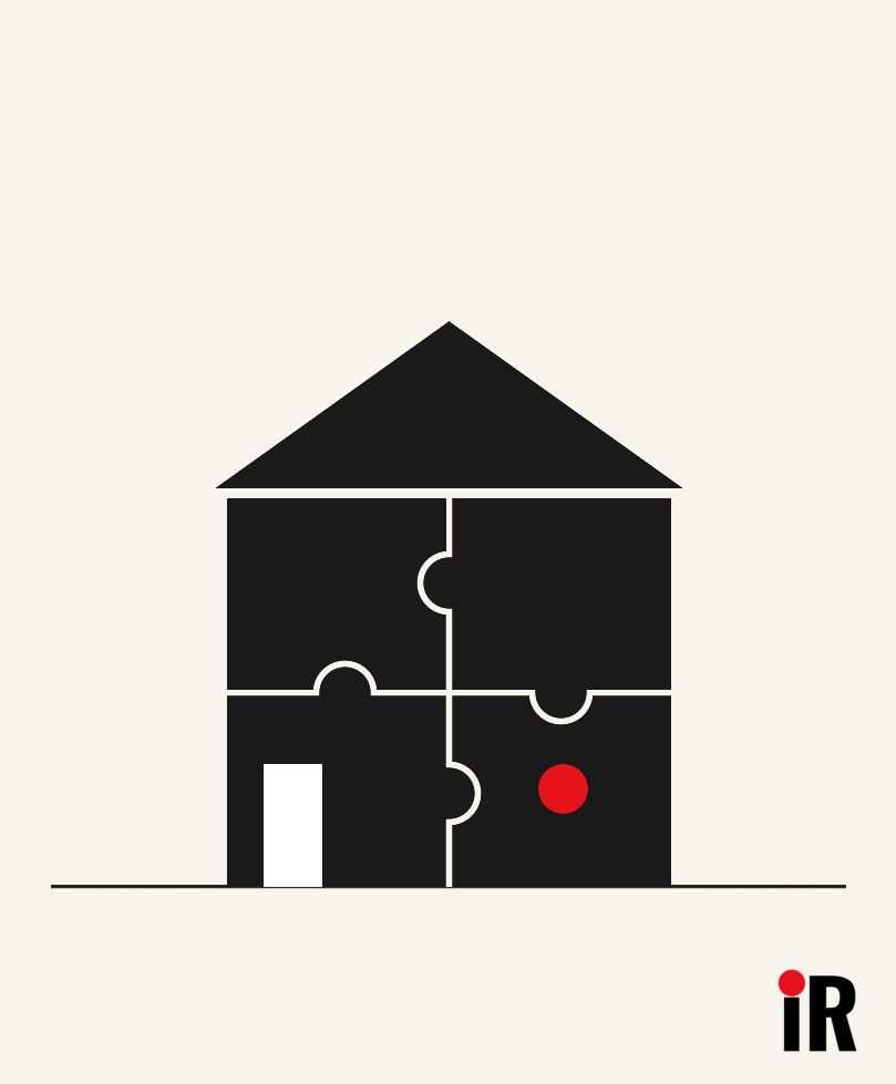 Canadian home owners, vector house made of four interlocking jigsaw pieces, the final piece carrying a red lit window, representing debt relief solutions