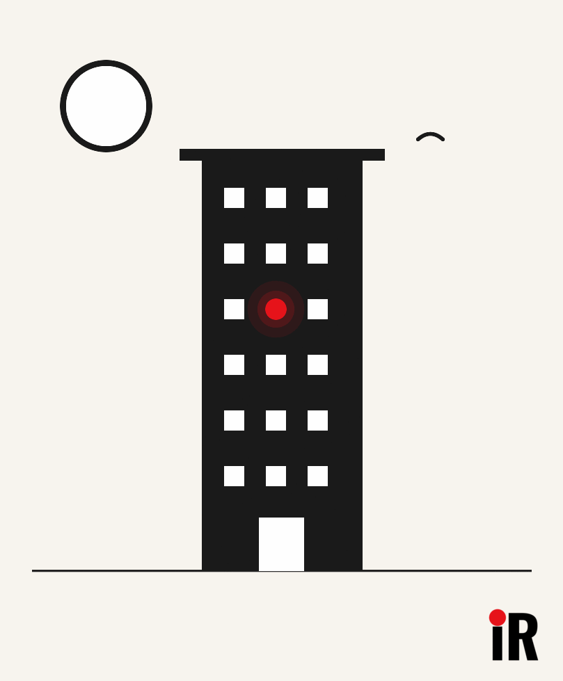 Vector daytime scene of a tall apartment building with white windows, one window glowing red, under a cream sky with an outlined, representing debt relief solutions for home and condo owners in Canada