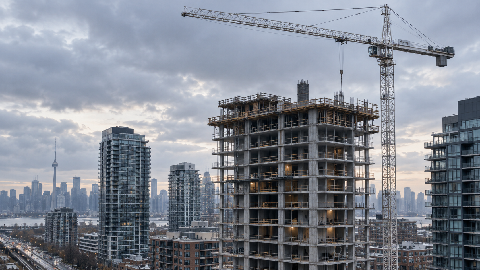 A condominium tower under construction beneath a crane, with completed towers behind it.