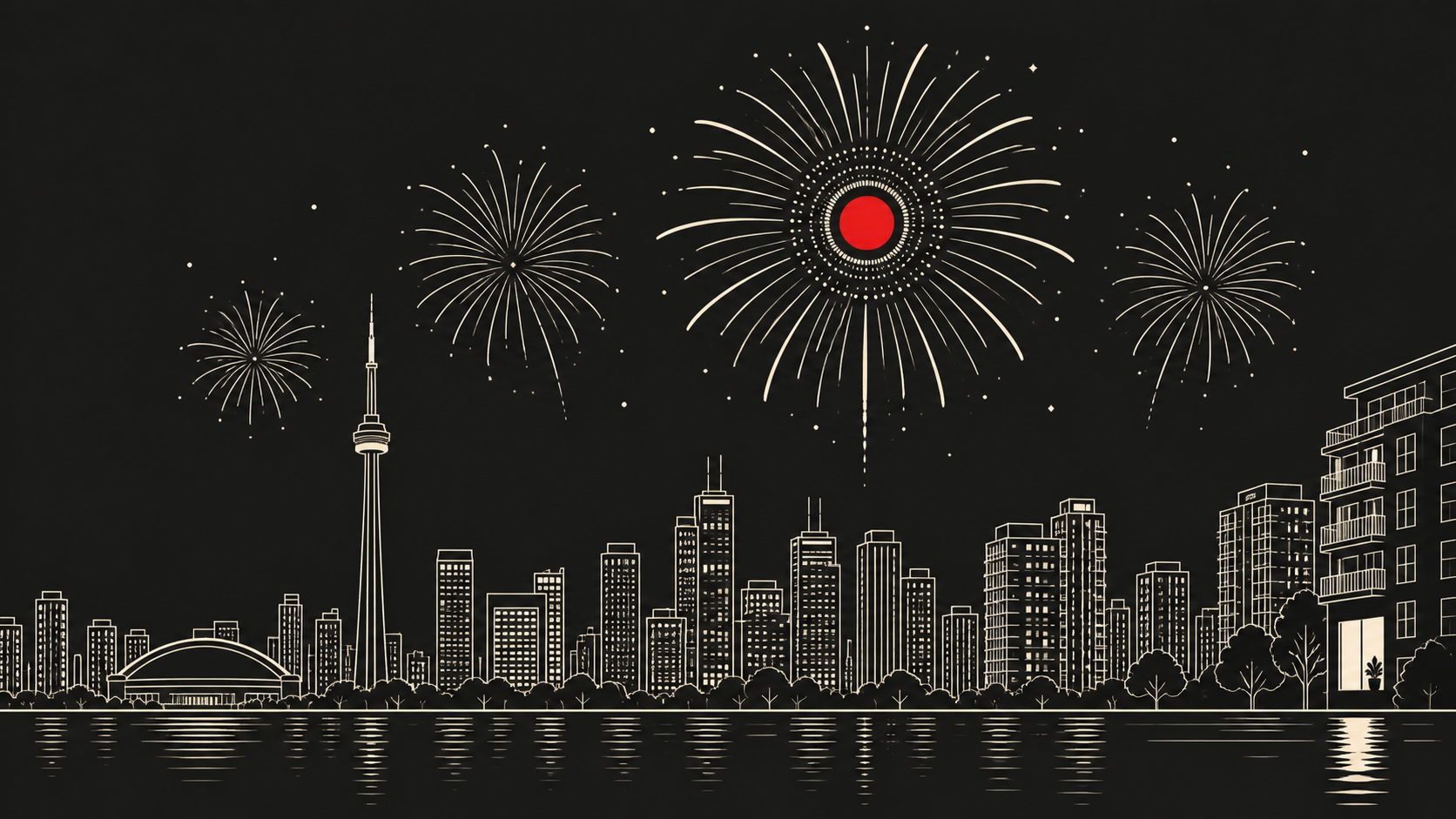 Toronto skyline and condominium towers illuminated by celebratory fireworks