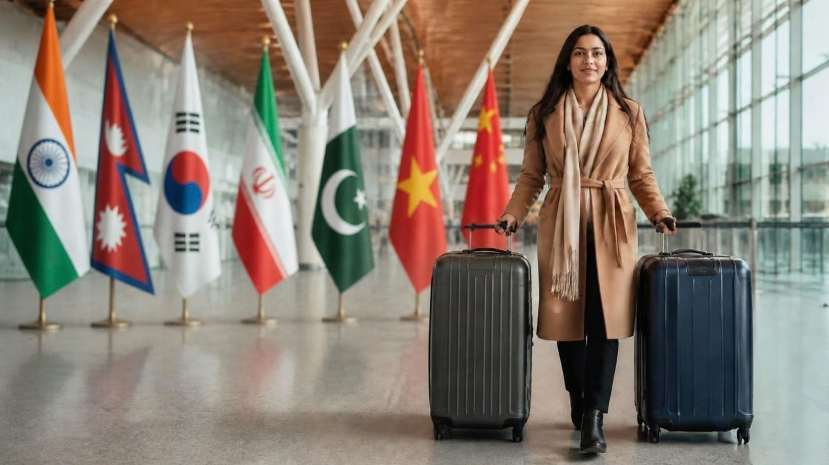 A woman in a camel coat walks toward the camera through a bright airport departures hall, pulling two large suitcases, past a row of national flags.
