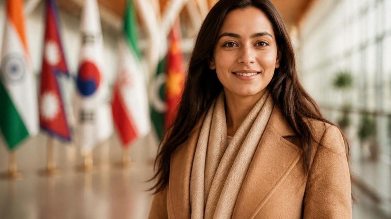 Maya, a fictionalized character, smiling in an airport departures hall with national flags behind her. AI-generated illustration.